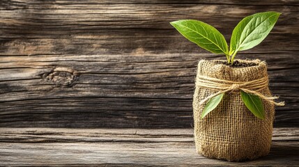 Growing green young plant in burlap sack indoor nature photography natural light