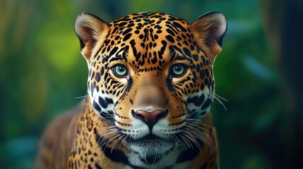 Obraz premium Majestic jaguar portrait in lush jungle wildlife photography captivating close-up vibrant environment