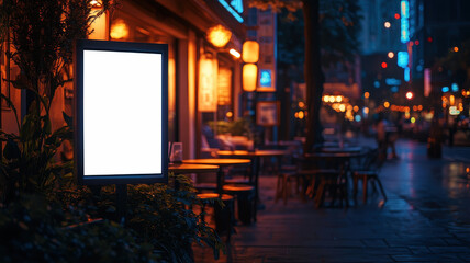 Blank billboard next to table in vibrant urban nightscape outdoor setting creative concept