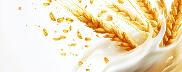 Falling oat flakes with milk splash on white background,Rolled oats falling into splashing milk,Dried oat plant Organic vegan liquid,Healthy breakfast meal,milkshake,yogurt spiral,diet drink.