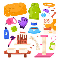 Set of different pet equipment, accessories. Dogs and cats shop goods for care, feeding, grooming and leisure. Flat vector illustration in cartoon style. Isolated white background