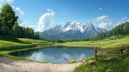 Serene Lake Reflecting Majestic Snow-Capped Mountains Under Clear Blue Sky in Lush Green Valley Landscape