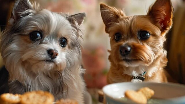 Two adorable pets sit at a table, sharing freshly baked treats and forming a heartwarming bond. The atmosphere is cozy, inviting, and filled with joy as they savor their time together.