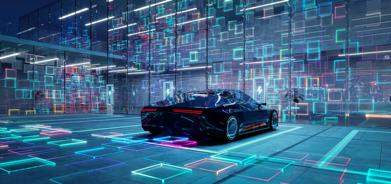 3D rendering futuristic car in a neon digital landscape