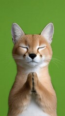 A joyful cat with closed eyes, praying over a vibrant green background.