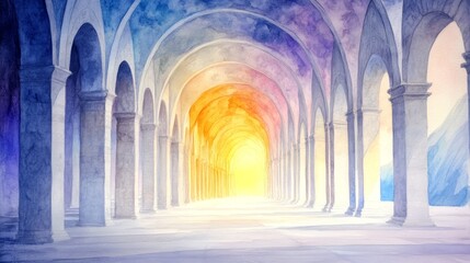 Fototapeta premium Watercolor painting of a long corridor with columns and arched ceilings illuminated by a bright light at the end of the passage