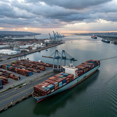 Naklejka premium Aerial View: Cargo Ship and Containers in Harbor