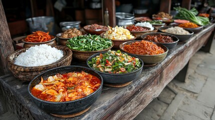 Colorful Array of Traditional Dishes Displayed on Wooden Table in Rustic Setting with Fresh Ingredients