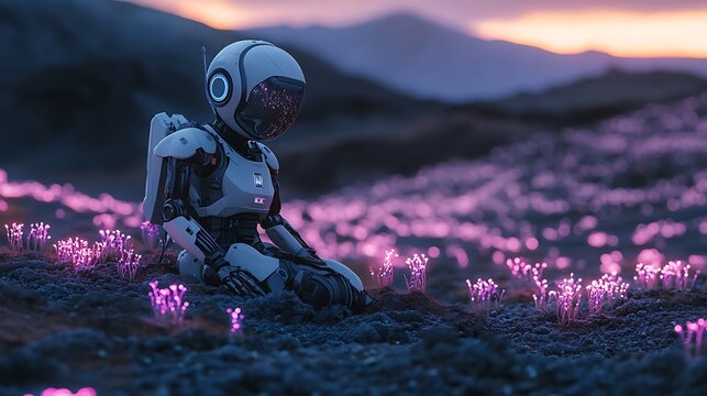 Robot Rests Amidst Alien Flora at Sunset