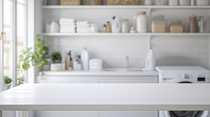 Simple white table with a blurred laundry room backdrop; great for showcasing products or creating a tidy, home-focused aesthetic.