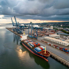 Naklejka premium Aerial View: Cargo Ship and Containers in Harbor