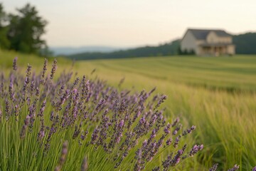 Serene Lavender Field with House in the Distance against a Soft Sunset Sky