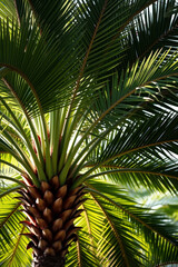 Fototapeta premium Lush Green Palm Tree Closeup with Sunlit Leaves Vibrant Tropical Nature Background Exotic Botanical Foliage in Warm Sunlight