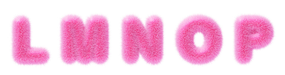 3d pink fur type font, fluffy alphabet letters l, m, n, o, p render. Furry english letters with hairy texture for fun education kids. Cute fuzzy wool text isolated on white background. 3D illustration