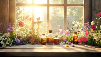 Beautiful Herbal Essence Bottles Arranged on Wooden Table with Colorful Wildflowers and Morning Sunlight Streaming through Window