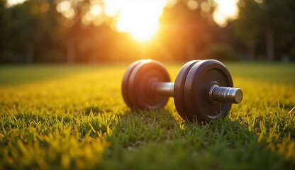 Dumbbells on grass during sunset for World Health Day