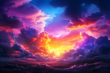 Fototapeta premium Whimsical sky with fluffy lavender, orange, and pink clouds creating a peaceful, calming atmosphere over the landscape at sunset or dawn, evoking tranquility and serenity