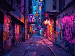 Neon-lit city alley, graffiti art, vibrant night, urban exploration, background buildings