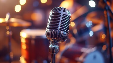 Vibrant retro chrome microphone spotlighted at music venue captivating atmosphere close-up view