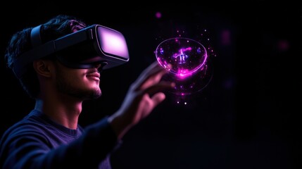 Man uses VR headset, interacting with holographic globe, dark background