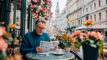 Leisure: Mature man enjoying newspaper at outdoor cafe with floral decor and cityscape in background.