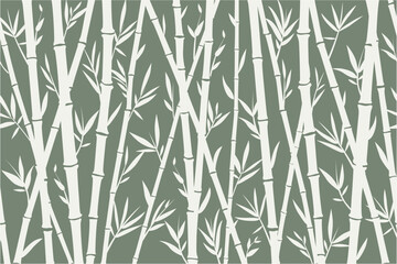 Fototapeta premium Bamboo seamless horizontal frame on green background, vector pattern of white bamboo stems.