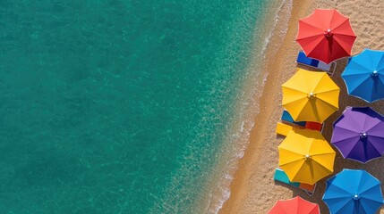 Relaxing beach day with colorful umbrellas tropical shore aerial view summer vibes paradise escape