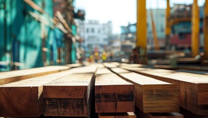 Close-up View of Wooden Planks Stack in Bright Construction Site with Blurred Background on a Sunny Day
