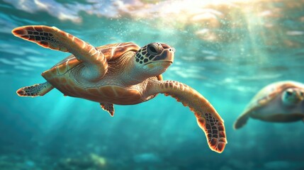 Obraz premium Graceful sea turtles swimming in crystal clear ocean waters underwater scene natural habitat aquatic life