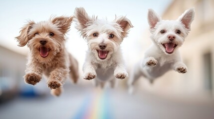 Three happy dogs jumping joyfully in a vibrant outdoor setting