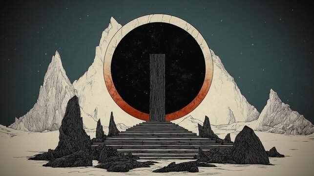 Monolith stargate on alien planet A journey through dimensions or an interdimensional portal Dark celestial scene with stars
