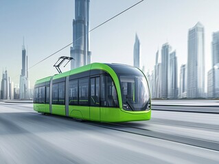 Obraz premium Electric-powered public transportation system in a futuristic city, sleek buses and trams using renewable energy, smart traffic management, clean and green urban mobility, high-tech cityscape,
