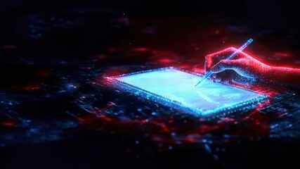 Digital hologram of hand writing on paper, representing AI driven content writing, automated content creation, and advanced content generation for futuristic digital platforms