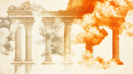 Illustration of classical architecture being consumed by smoke suggesting decay and the impact of pollution on historical landmarks