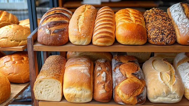 Assorted loaves of bread sit invitingly on wooden shelves in a charming German bakery. The warm hues and textures create an appetizing atmosphere perfect for any bread lover.