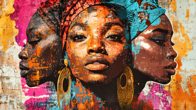 Bold urban art collage celebrates African womanhood with vivid colors and graffiti on a social justice backdrop