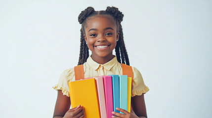 Cute little girl holding colorful books with joy