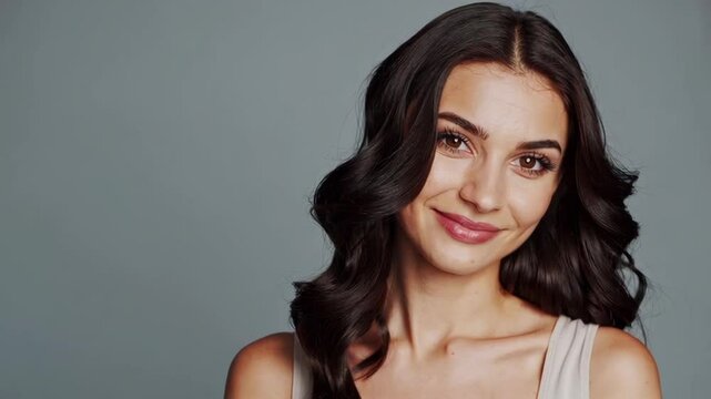 Close-up video of a woman with a neutral expression against a gray background, captured from a straight-on angle, emphasizing simplicity and elegance. Video.