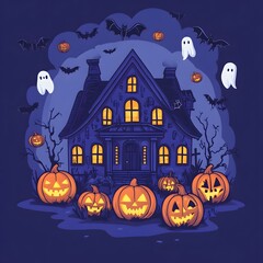Fototapeta premium Haunted House in Spooky Halloween Night with Glowing Pumpkins and Bats