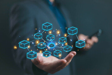 Blockchain technology to secure data, Technology linked together concept, Businessman use a...