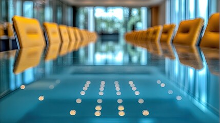 Obraz premium Modern boardroom with reflective table and yellow chairs, showcasing a professional setting