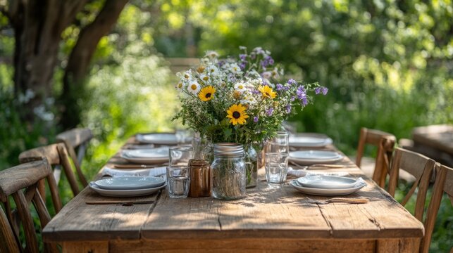 Rustic outdoor dining setups rustic outdoor dining setup featuring wooden table set for meal, with mismatched chairs, fresh flowers in mason jar, simple plates glasses, surrounded by nature greenery