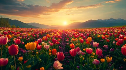 A scenic view of a lush garden with rows of blooming tulips in vibrant colors, stretching out across the horizon with a backdrop of distant mountains. The soft light highlights the vibrant petals.