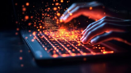 Hands typing on keyboard with glowing data and code in background, symbolizing AI powered automated writing, content generation, and digital content creation