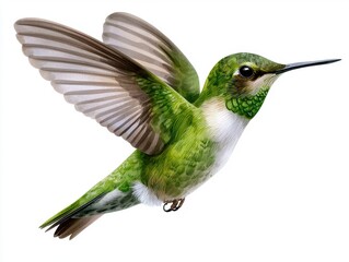Fototapeta premium A vibrant green hummingbird in mid-flight showcasing its beautiful wings.