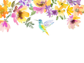 A background design using a vector illustration of a hummingbird painted in watercolor with spring flowers and wild grasses. A hand-drawn bird with peonies and a wildflower frame design.