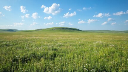 Fototapeta premium A vast landscape of a meadow bathed in bright sunlight, with clear blue skies and vibrant green grass, evoking the freshness and warmth of a sunny day.