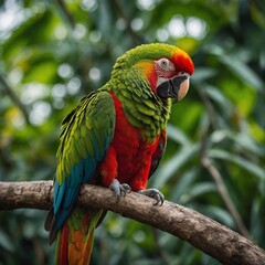 Obraz premium A macaw chick with rainbow feathers perched on a branch, with blurred jungle. A vibrant tropical parrot with multicolored feathers perched on a branch.