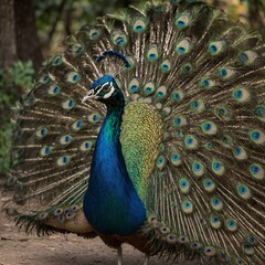 Obraz premium A majestic peacock with its feathers slightly fanned out on a white background Photograph a peacock displaying its feathers. peacock with feathers out up close and in full splendor. peacock with feath