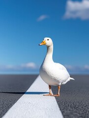Obraz premium A white duck standing confidently on a road against a clear blue sky.